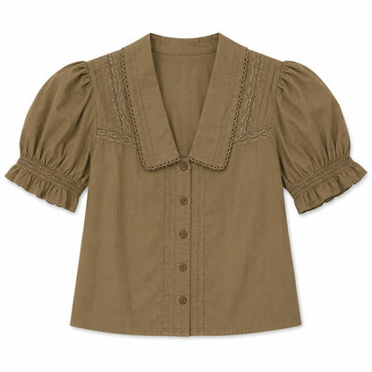 Olive green cotton cambric button-down top with a V-neck collar, lace trim, and ruffled puff sleeves.