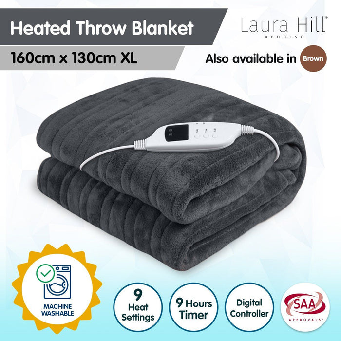 Laura Hill Heated Electric Blanket Throw Rug Coral Warm Fleece Grey -Home Living Store - -