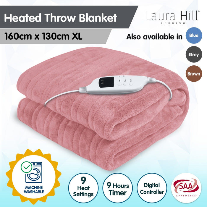 Laura Hill Heated Electric Blanket Throw Rug Coral Warm Fleece Pink -Home Living Store - -
