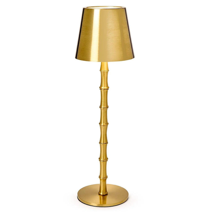 Cordless gold table lamp with a bamboo-style iron stem and a sleek metal shade for modern home lighting.