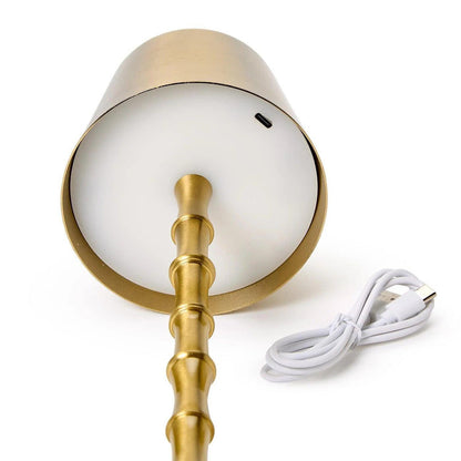 Gold cordless bamboo-style LED lamp with a metal shade, white diffuser, and included USB charging cable.