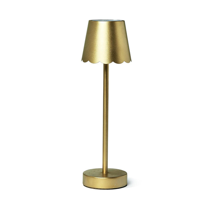 Gold cordless LED table lamp with a metallic finish and elegant scalloped-edge shade on a slim stand.