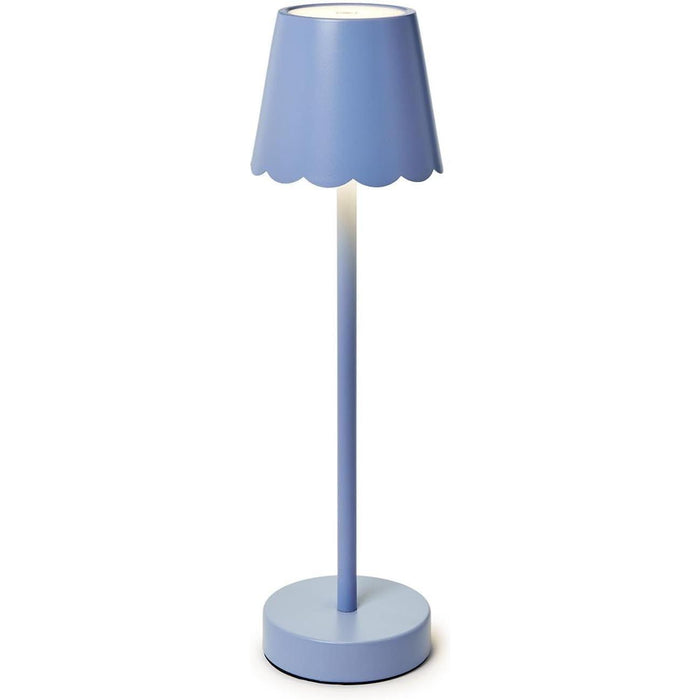 Periwinkle blue cordless LED table lamp with a metallic finish and a decorative scalloped-edge shade.