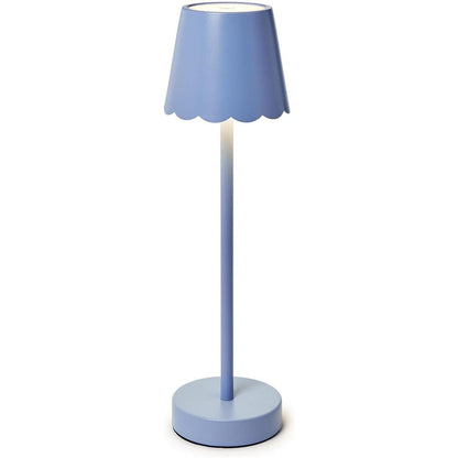 Periwinkle blue cordless LED table lamp with a metallic finish and a decorative scalloped-edge shade.