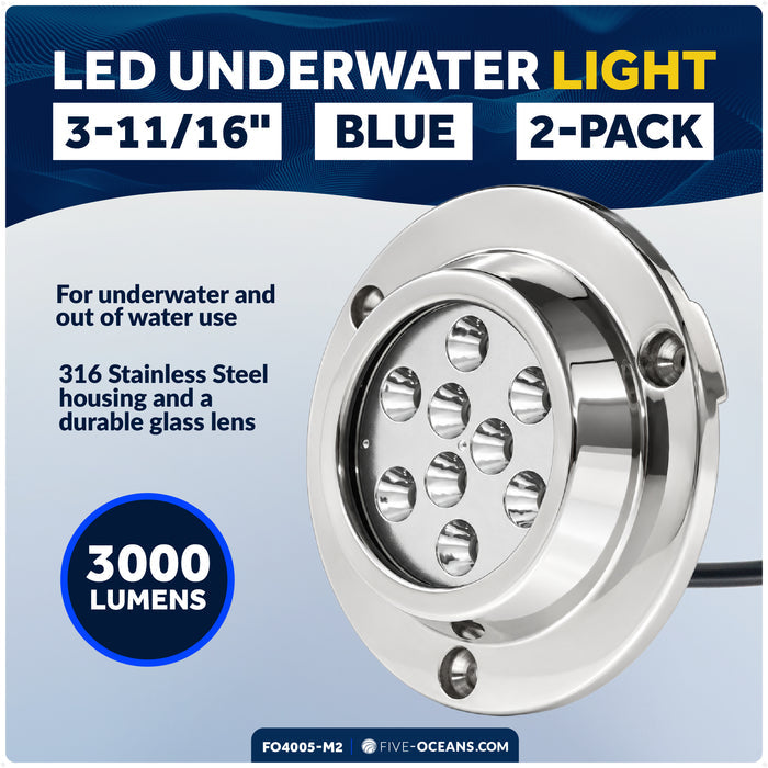 LED Underwater Light, Blue, AISI316 Stainless Steel, 10-30V, 2-Pack