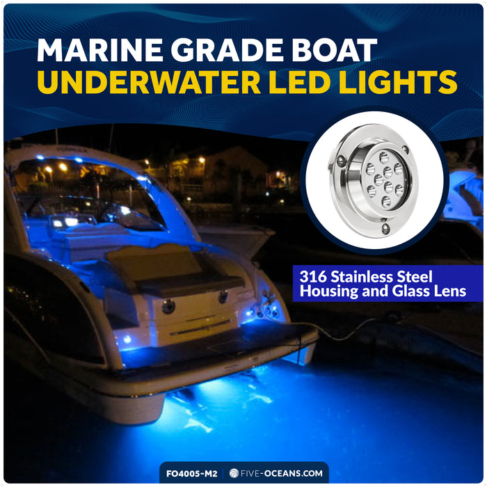LED Underwater Light, Blue, AISI316 Stainless Steel, 10-30V, 2-Pack