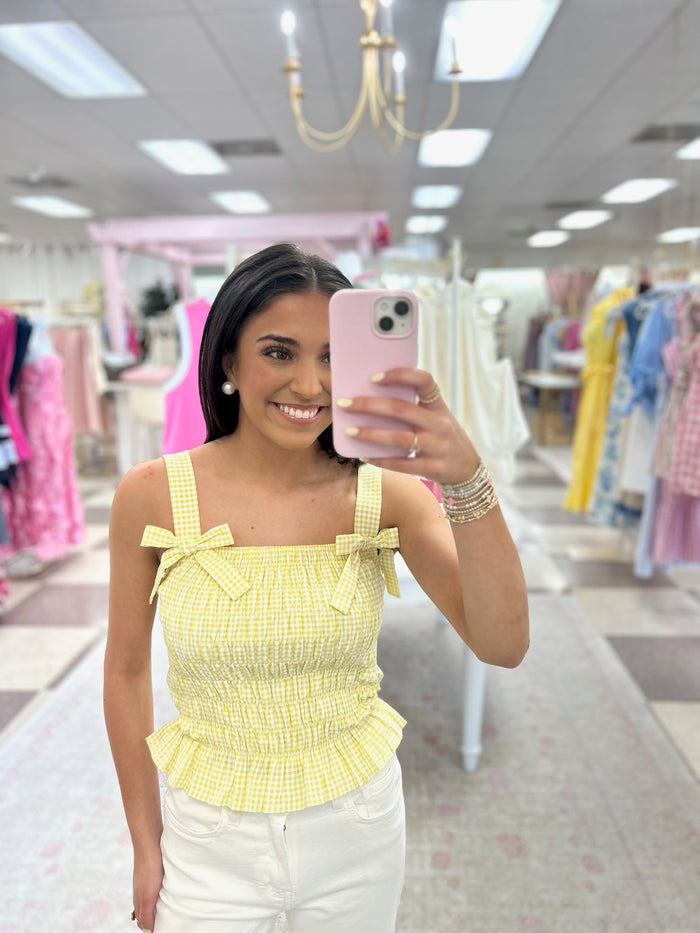 Lemon Gingham Bow Top