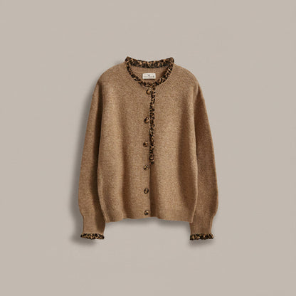 Leopard Ruffle Trim Knit Cardigan