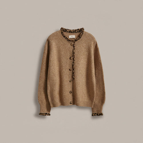 Leopard Ruffle Trim Knit Cardigan