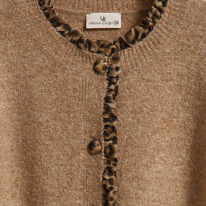 Leopard Ruffle Trim Knit Cardigan