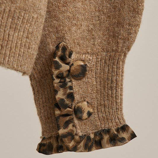 Leopard Ruffle Trim Knit Cardigan
