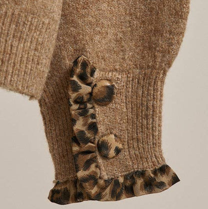 Leopard Ruffle Trim Knit Cardigan