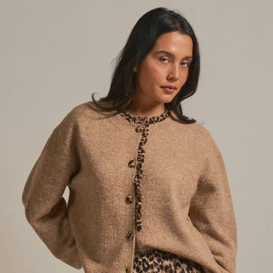 Leopard Ruffle Trim Knit Cardigan