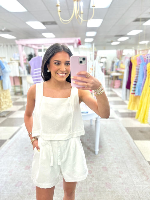 Linen Crop Top Button Back (White)