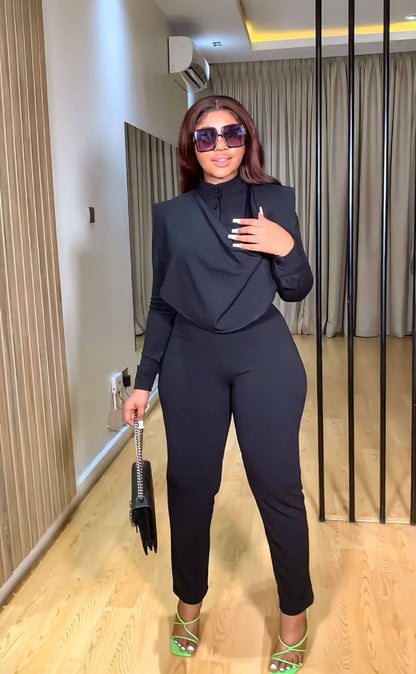 Long Sleeved Cardigan Round Neck Top Slim Trousers Business Suit Women two piece set