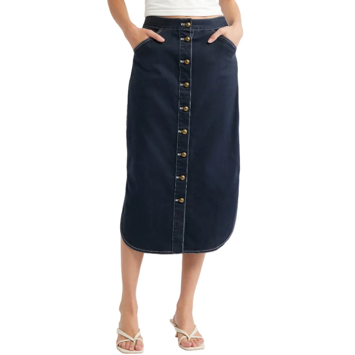 High-waisted dark wash denim midi skirt with a full button-down front and contrast stitching.