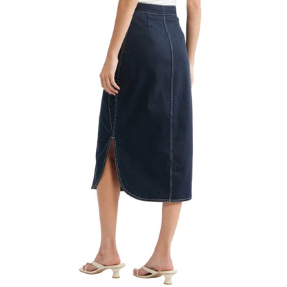 High-waisted dark wash denim midi skirt with contrast stitching and a side slit, shown from the back.