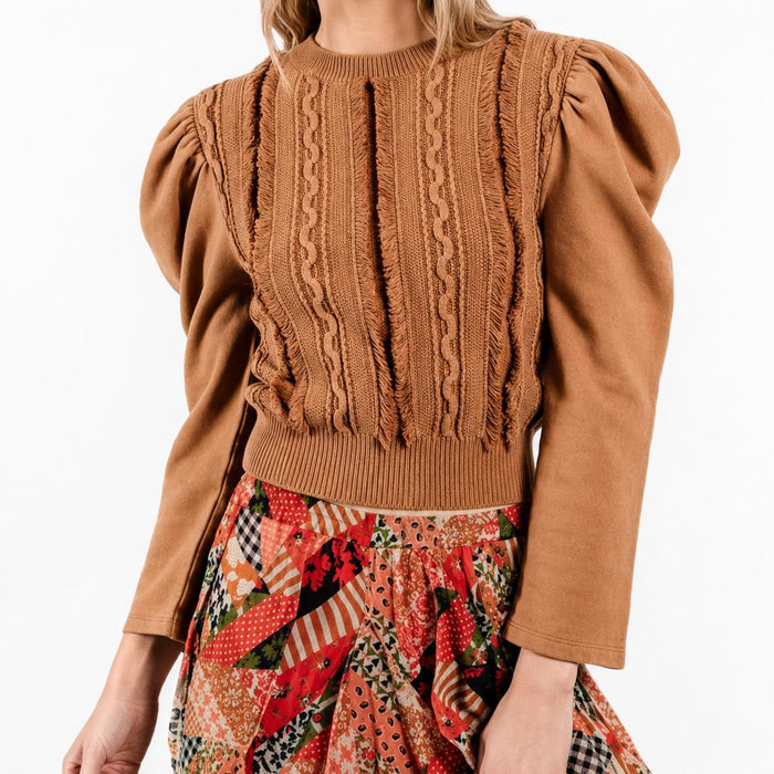 Caramel-colored cotton knit pullover with sculpted puff sleeves, cable-knit detailing, and a ribbed hem.