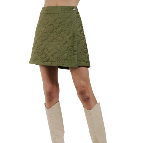 Olive green A-line quilted skirt featuring delicate floral stitching and a side button closure.