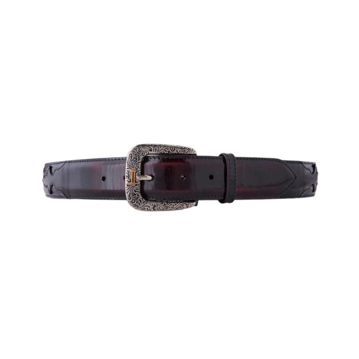 Dark brown smooth goat leather belt with an ornate silver-plated Western buckle, 1.5 inches wide.
