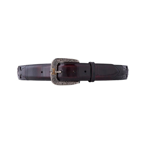 Dark brown smooth goat leather belt with an ornate silver-plated Western buckle, 1.5 inches wide.