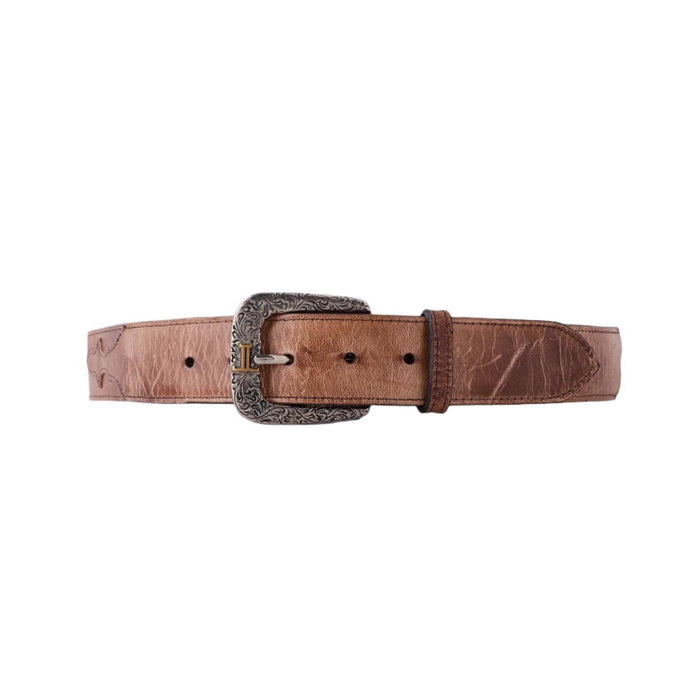 Tan smooth goat leather Lucchese belt with an ornate silver-plated Western buckle and 1.5-inch width.