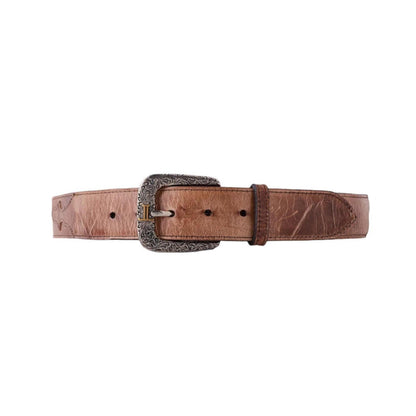 Tan smooth goat leather Lucchese belt with an ornate silver-plated Western buckle and 1.5-inch width.