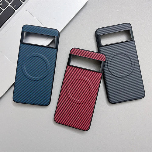 Three phone cases with a diagonal striped texture and a circular magnetic charging ring.