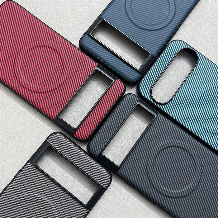 Five carbon fiber texture phone cases in various colors.