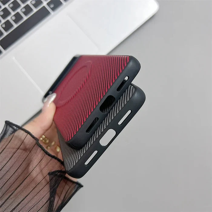 Two textured smartphone cases, one red and one grey, with cutouts for buttons and ports.