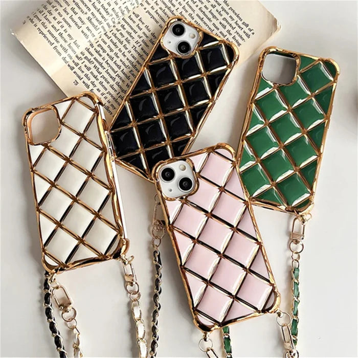 Quilted phone cases with chain straps.