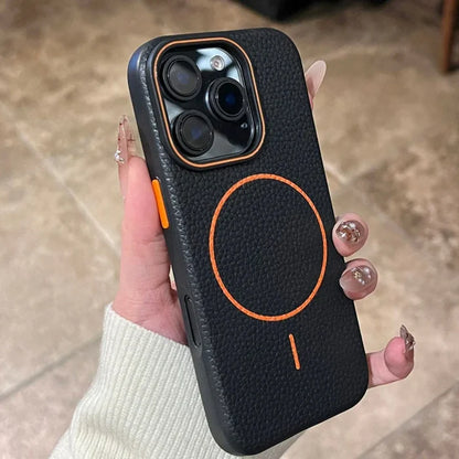 Black leather iPhone case with orange accents.