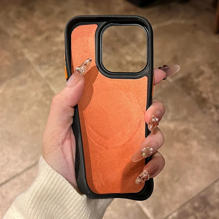 Orange and black phone case.