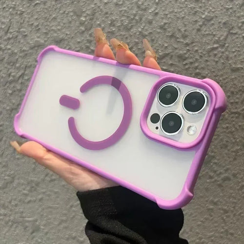 Purple-trimmed phone case with a power symbol.