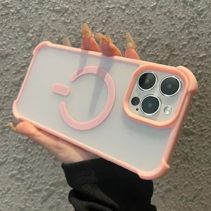 Pink-trimmed clear phone case with magnetic ring.