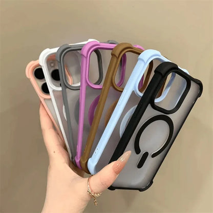 A collection of clear smartphone cases with colored bumpers and MagSafe compatibility.