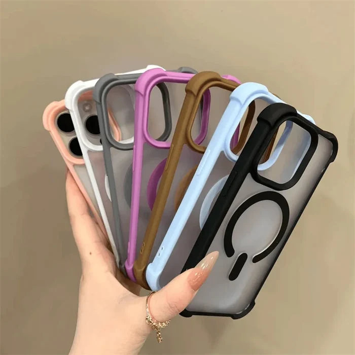 A set of six transparent phone cases with colored frames and a MagSafe ring.