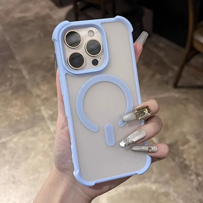 Light blue and clear phone case with a Magsafe ring and camera lens protection.