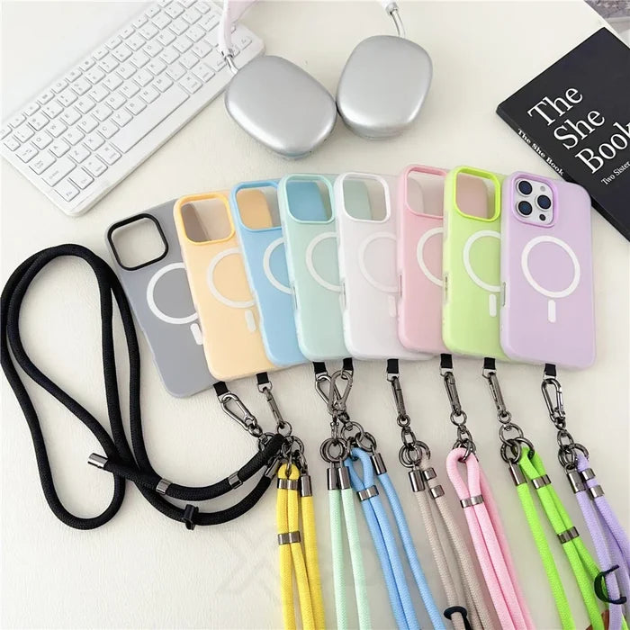 Colorful phone cases with lanyards.