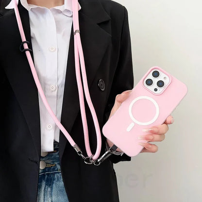 Pink phone case with lanyard.