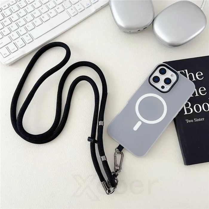 Gray phone case with black lanyard.
