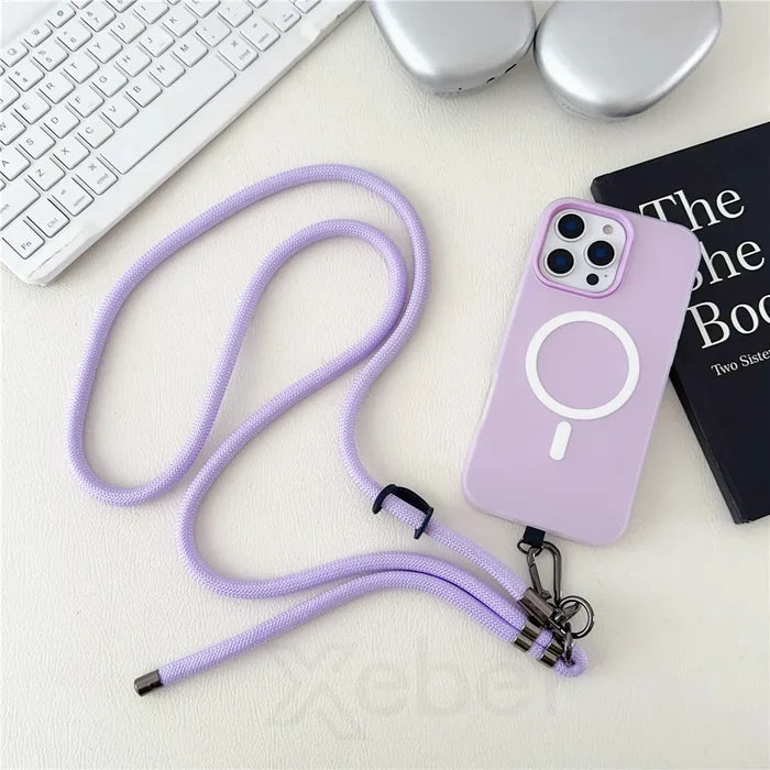 Lavender phone case with lanyard.