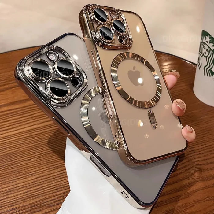 Two iPhone cases with metallic accents.