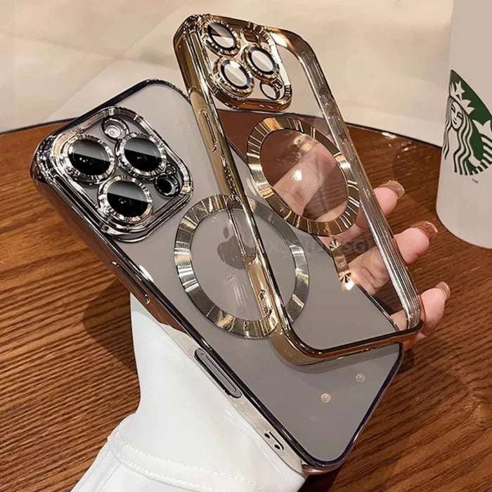 Two clear iPhone cases with metallic accents.