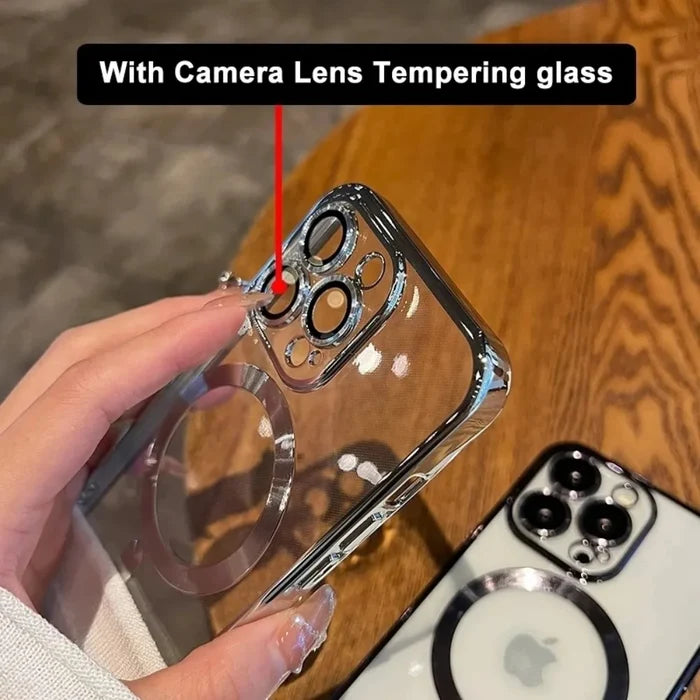Clear phone case with camera lens protection.