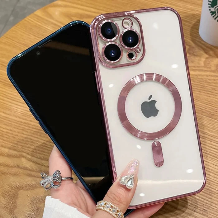 Two smartphones with protective cases.