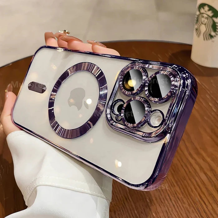 Purple-trimmed clear phone case with camera lens protectors.