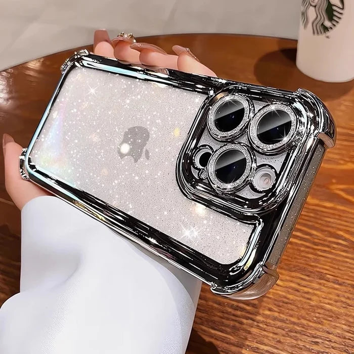 Sparkly clear iPhone case with chrome accents and camera protection.