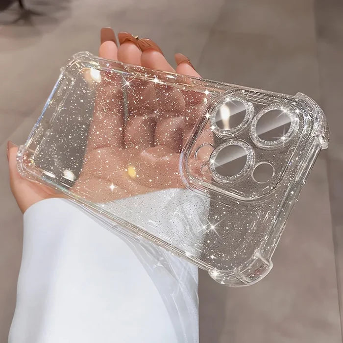 Clear glitter phone case with reinforced corners and camera cutouts.