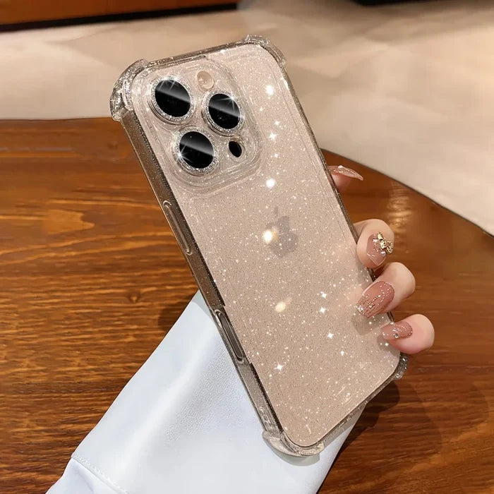 Glittery clear iPhone case with reinforced corners.